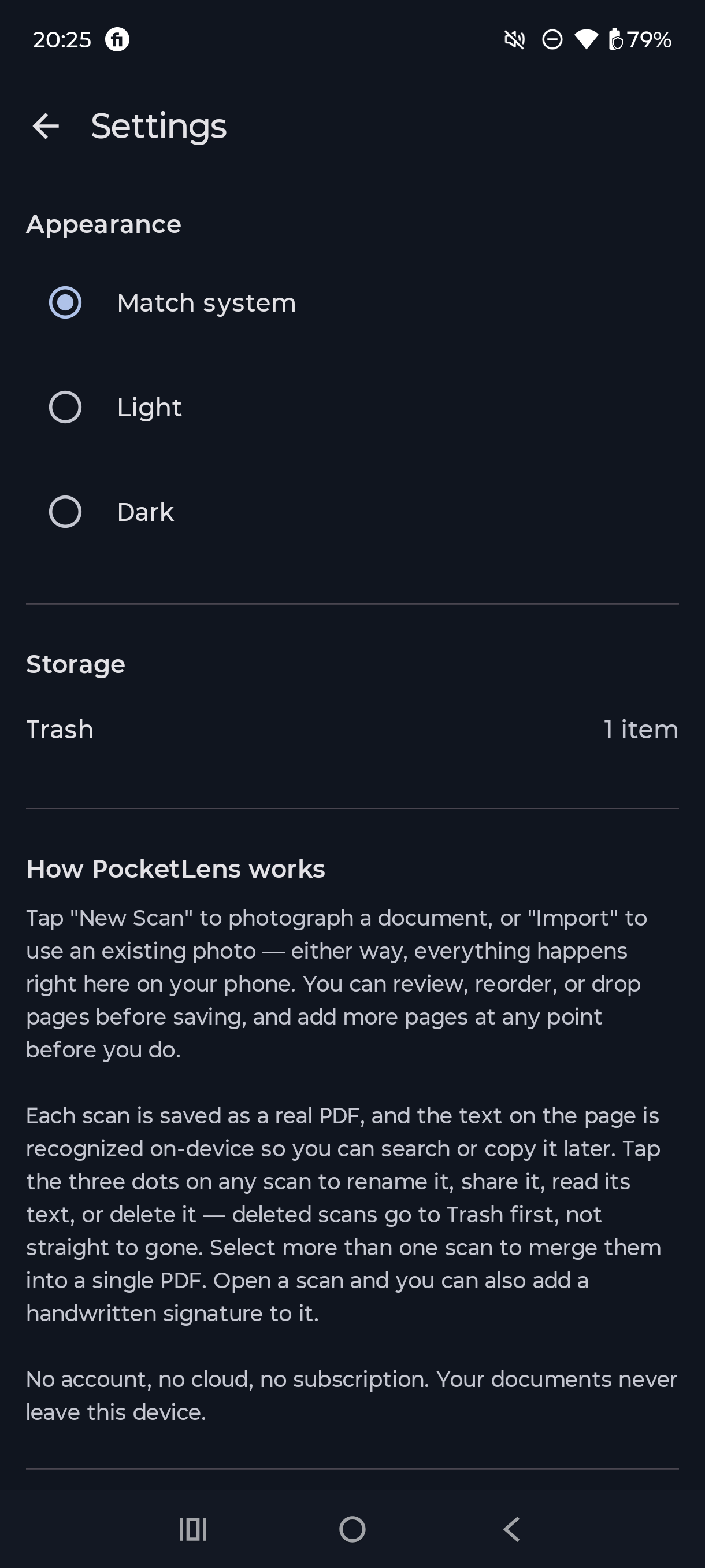 PocketLens settings screen confirming no account, no cloud, no subscription — documents stay on your device